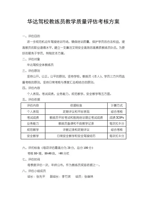 华达驾校教练员质量评估考核方案