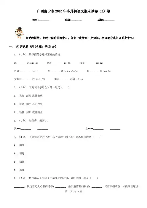 广西南宁市2020年小升初语文期末试卷(I)卷(考试)