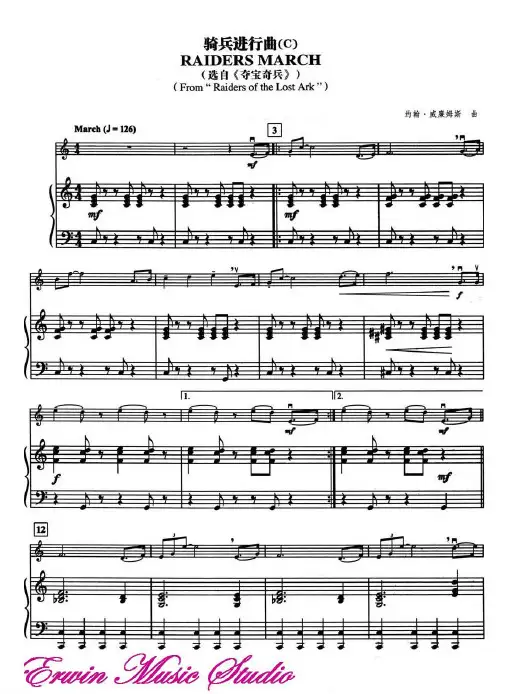 Violin Piano《骑兵进行曲(C)》选自〔夺宝奇兵〕小提琴曲谱+钢琴伴奏曲谱