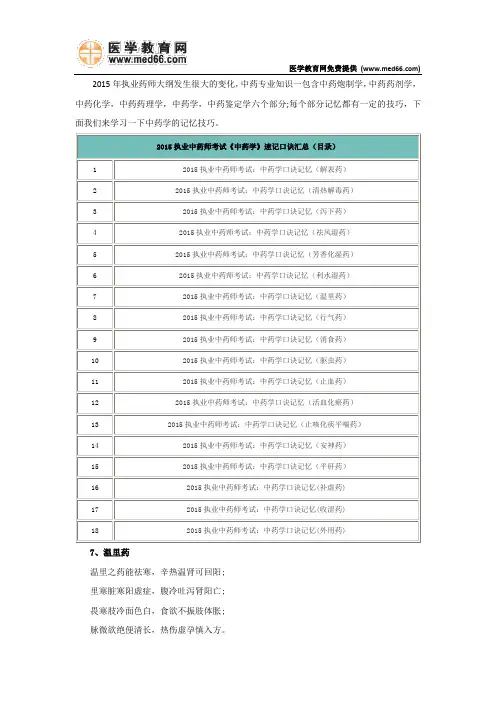 2015执业中药师《中药学》速记口诀记忆汇总(温里药)