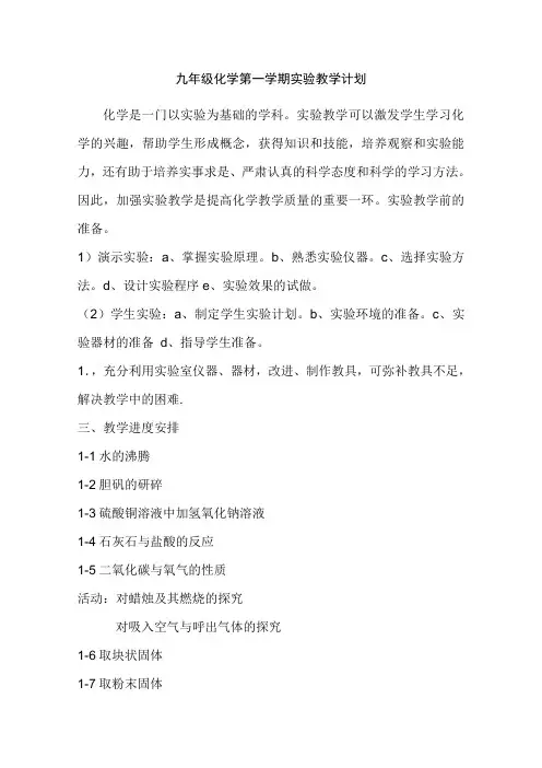 九年级化学第一学期实验教学计划