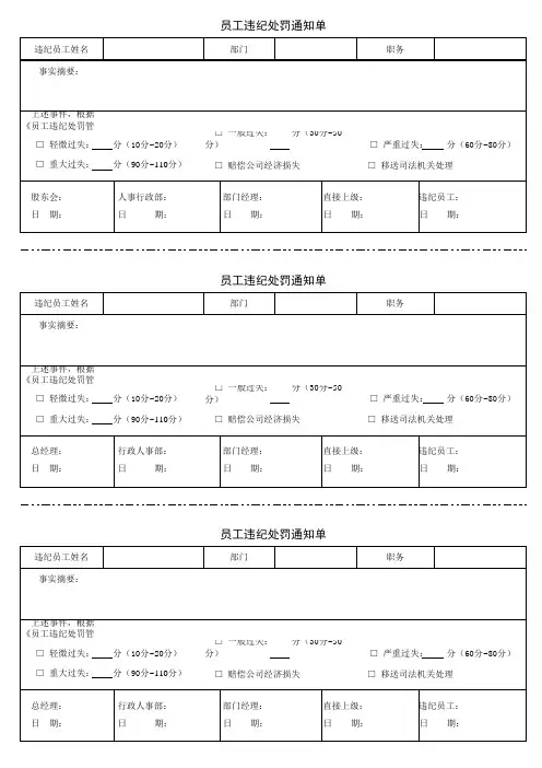 员工违纪处罚通知单
