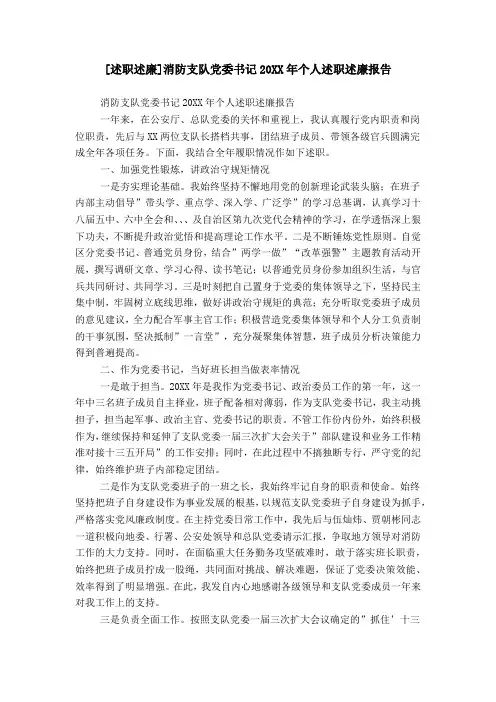 [述职述廉]消防支队党委书记20XX年个人述职述廉报告