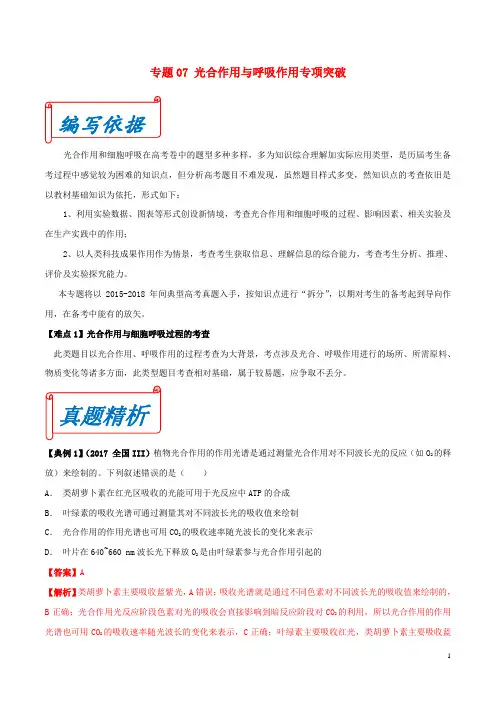 2019年高考生物九大难点专项突破专题07光合作用与呼吸作用专项突破含解析