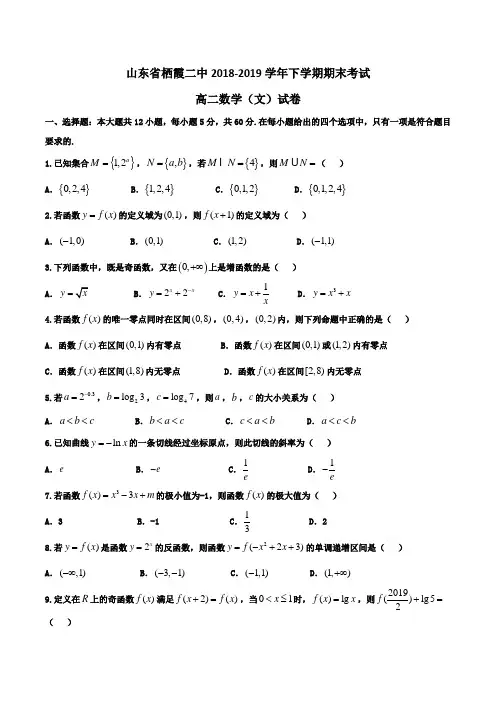 山东省栖霞二中2018-2019学年高二下学期期末考试数学(文)试卷Word版含答案