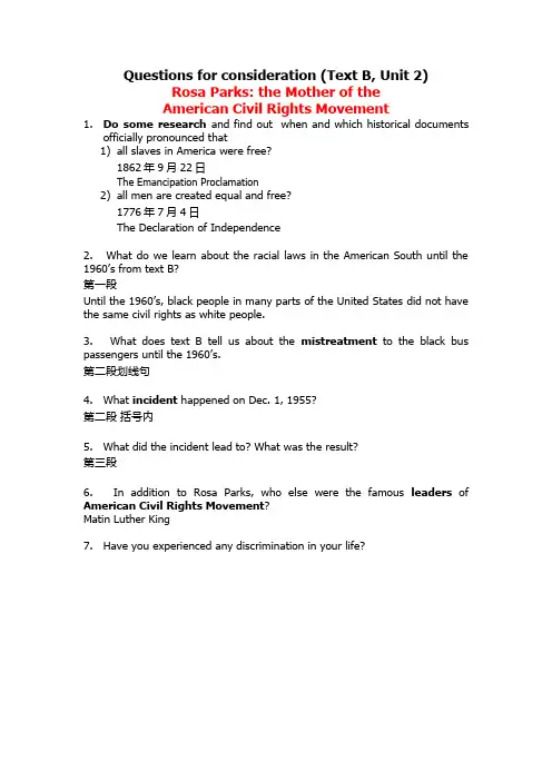 Questions for Text B, Unit 2 (Rosa Parks)