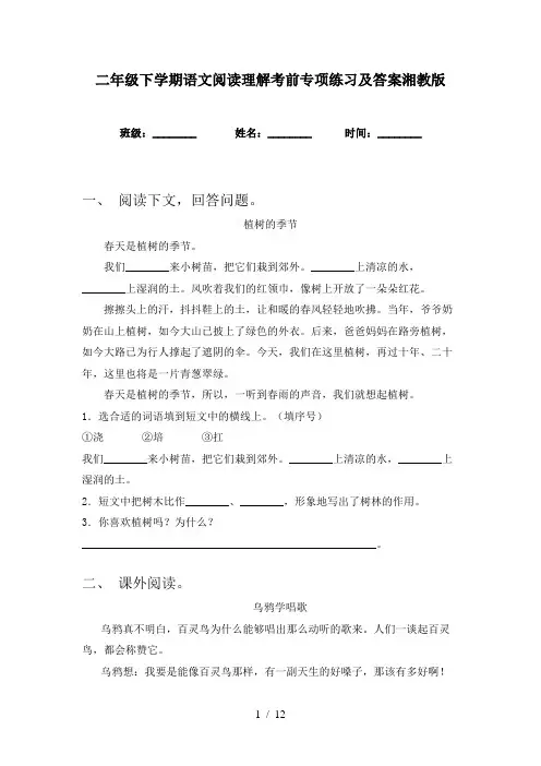 二年级下学期语文阅读理解考前专项练习及答案湘教版