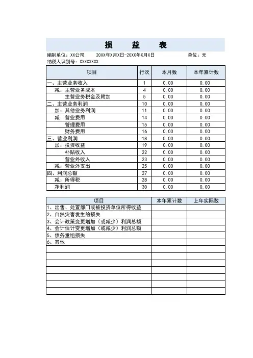 财务损益表模板表格