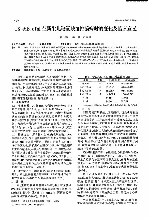 CK-MB、cTnI在新生儿缺氧缺血性脑病时的变化及临床意义