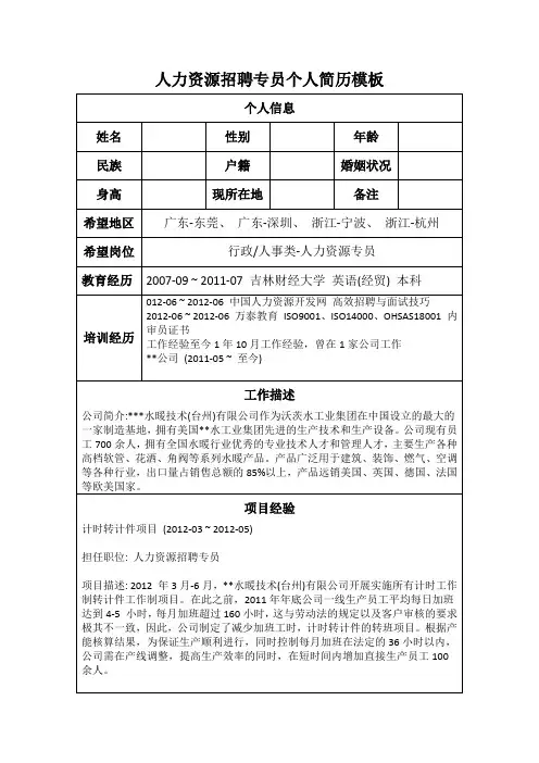 人力资源招聘专员个人简历模板【最新版】