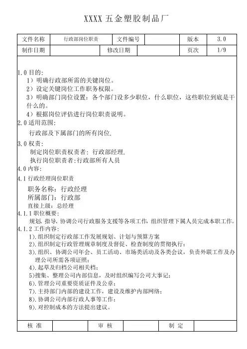 行政部岗位职责