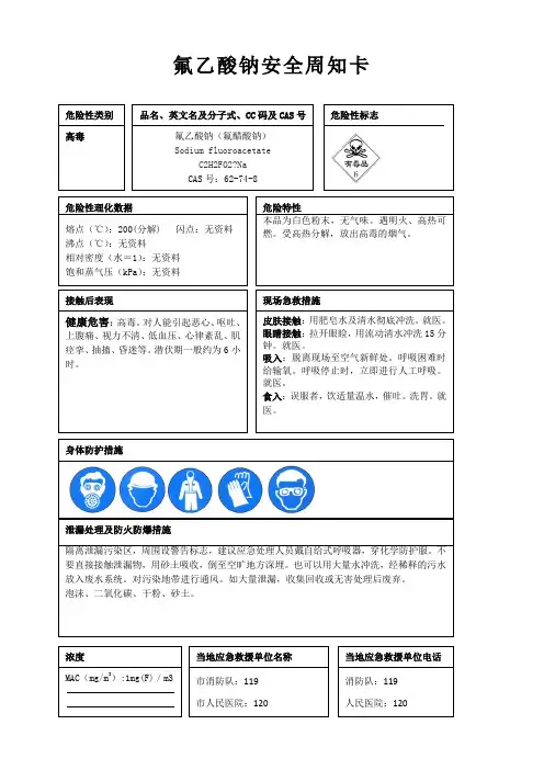 氟乙酸钠安全周知卡、职业危害告知卡、理化特性表