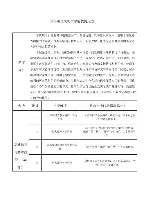 六下语文期中考试质量分析
