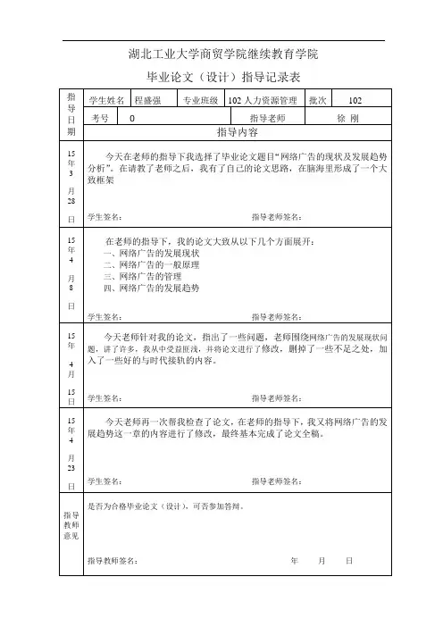 2016毕业论文(设计)指导记录表模板