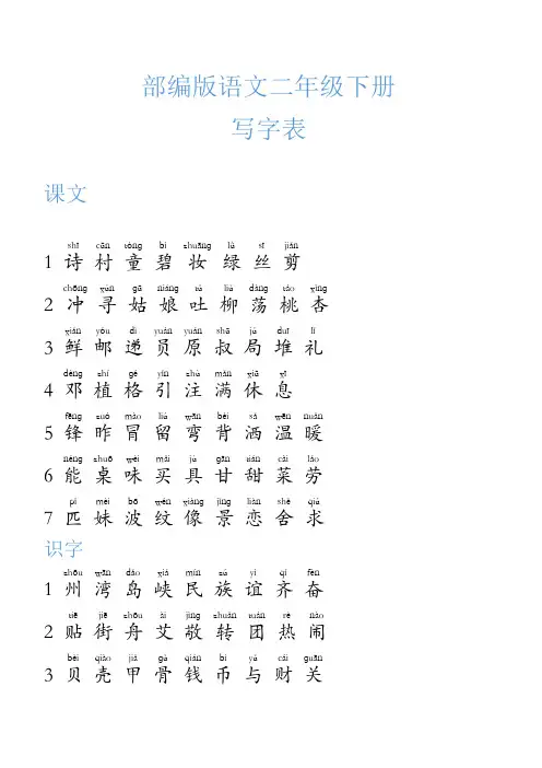 部编版语文二年级下册写字表带拼音