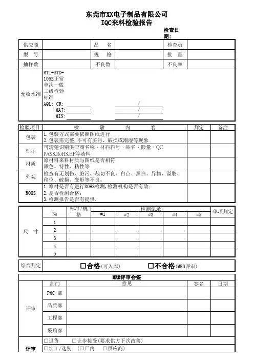 IQC进料检验报告