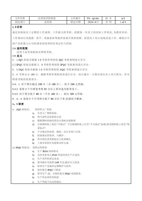 品质部考核制度【模板范本】