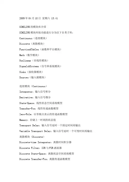 Matlab中SIMULINK的模块库以及比较常用的模块