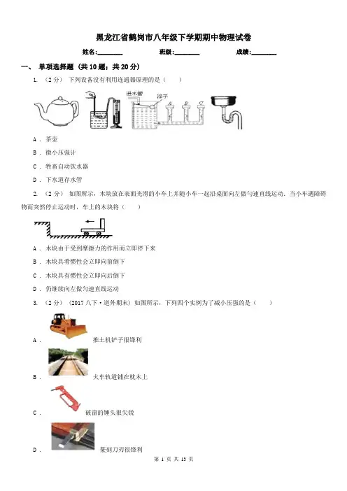 黑龙江省鹤岗市八年级下学期期中物理试卷 