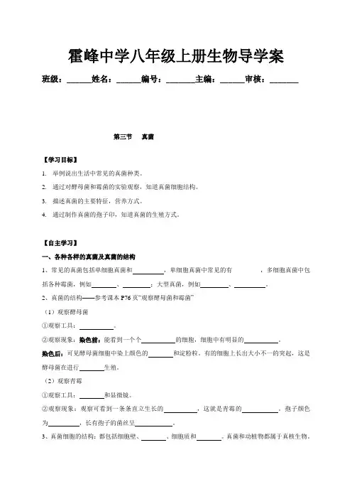 山西省洪洞县霍峰中学八年级生物上册5.4.3真菌 导学案(无答案)