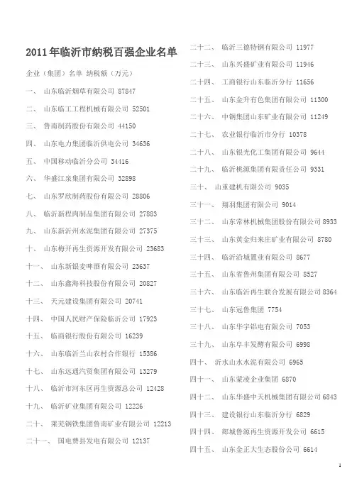2011年临沂市纳税百强企业名单