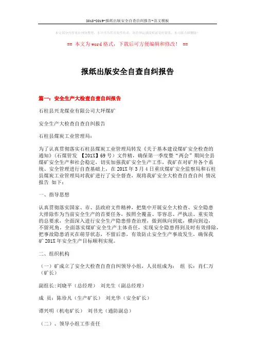 2018-2019-报纸出版安全自查自纠报告-范文模板 (9页)