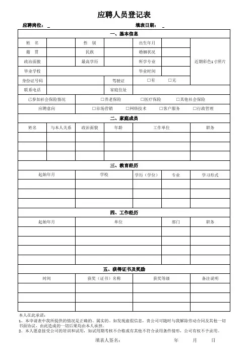 应聘报名表(模板)