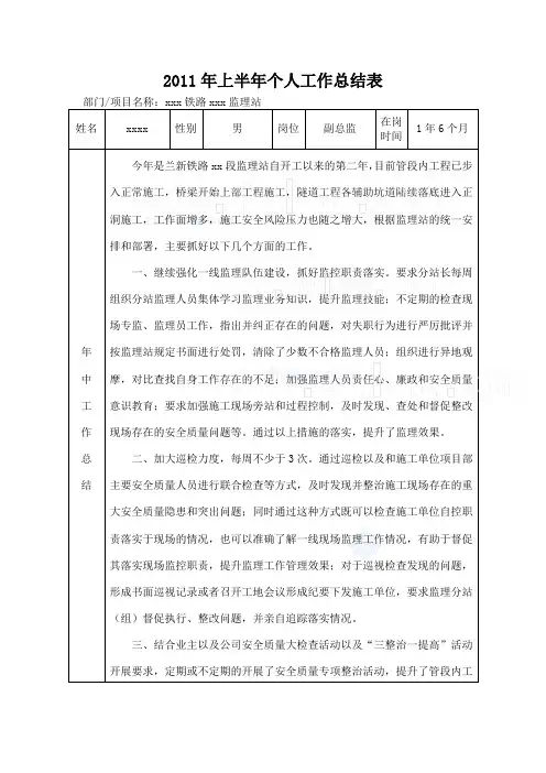 兰新铁路某段总监2011上半年总结
