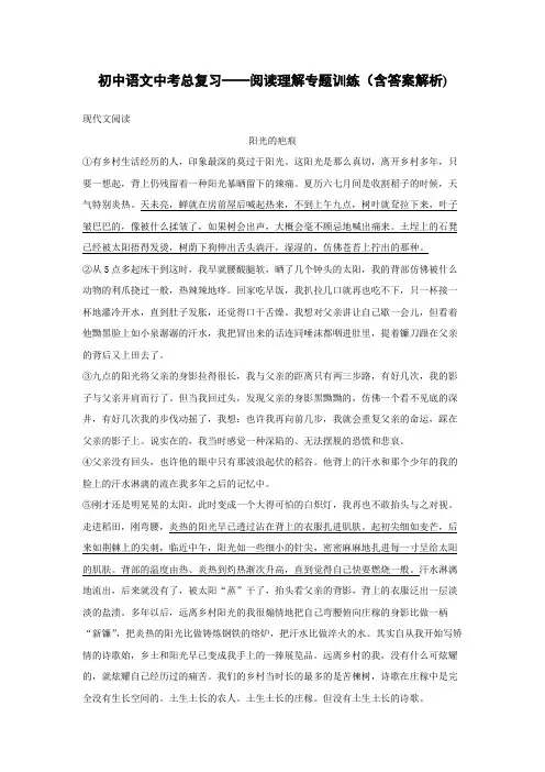 初中语文中考总复习阅读理解专题训练《阳光的疤痕》(含答案解析)