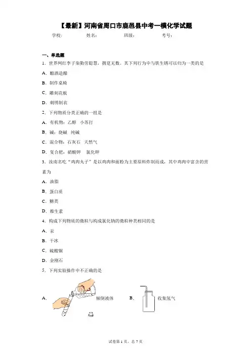 2021年河南省周口市鹿邑县中考一模化学试题 答案和解析