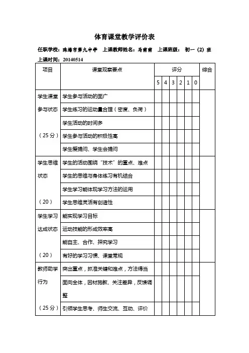 课堂教学评分表