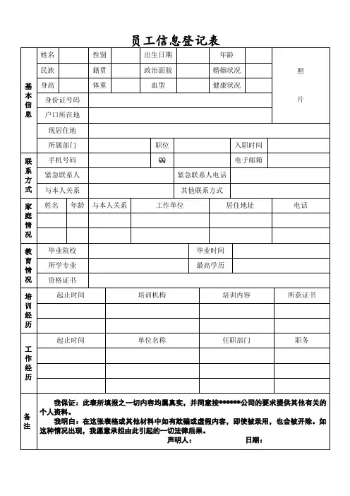 员工信息登记表(模板) 2