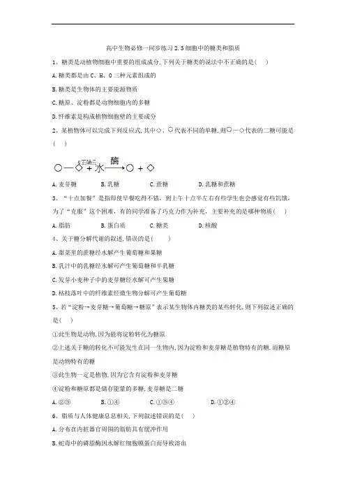 细胞中的糖类和脂质-人教版高中生物必修1同步练习
