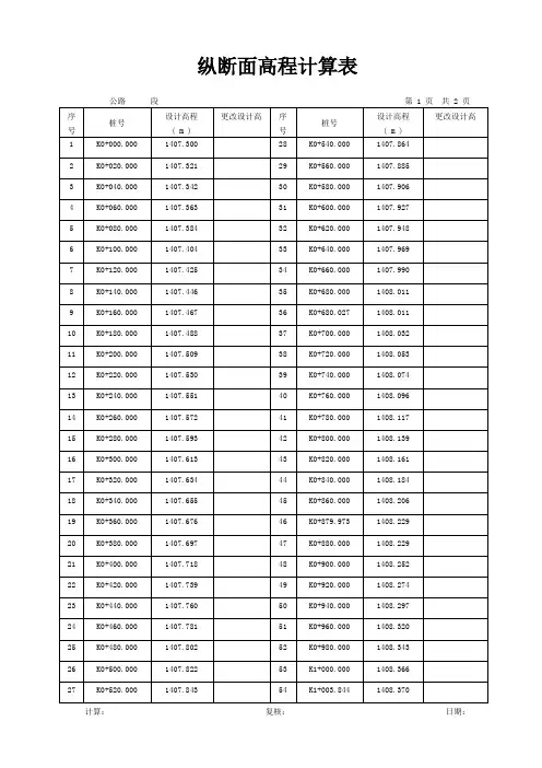 纵断面高程计算表