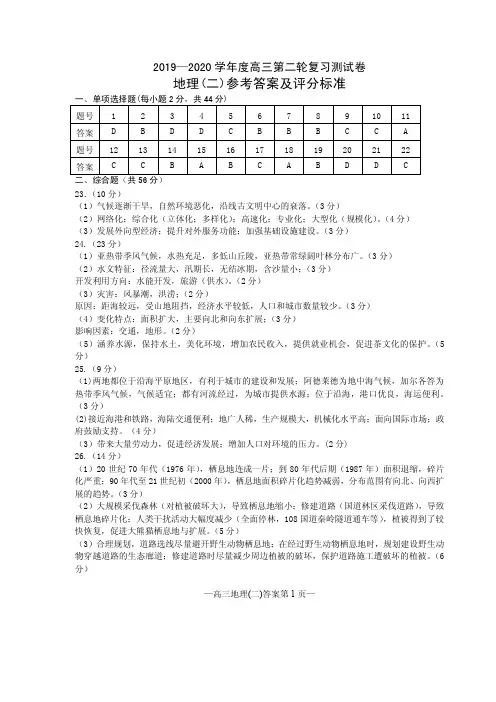 2020届高三地理二轮复习用卷(二)答案