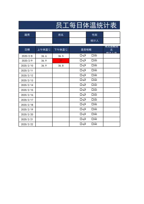 员工居家隔离每日体温统计表EXCEL模板(完整版)