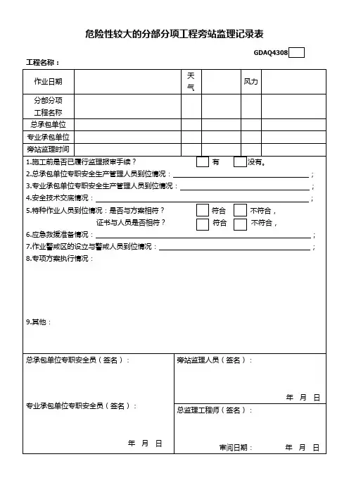 危险性较大的分部分项工程旁站监理记录表