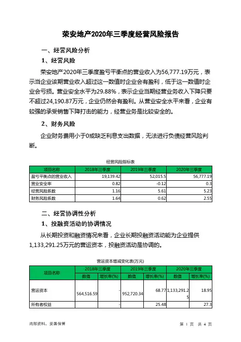 荣安地产2020年三季度经营风险报告