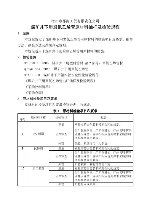 煤矿井下用聚氯乙烯管原材料抽样及检验规程