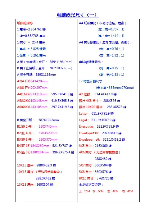 纸张尺寸及像素换算