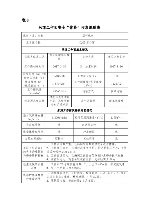 采掘工作面体检内容基础表