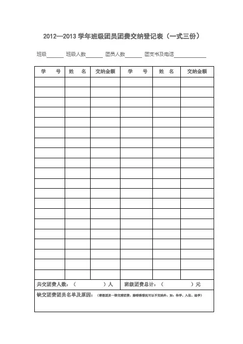 2012—2013学年班级团员团费交纳登记表