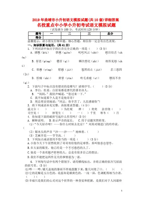 2019年曲靖市小升初语文模拟试题(共10套)详细答案