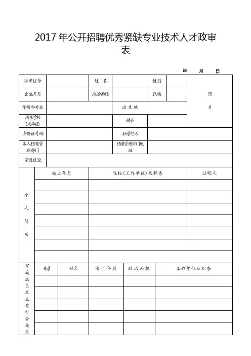 2017年公开招聘优秀紧缺专业技术人才政审表
