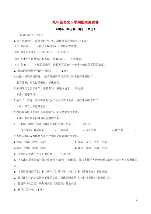 九年级语文下学期期末测试卷9 新人教版