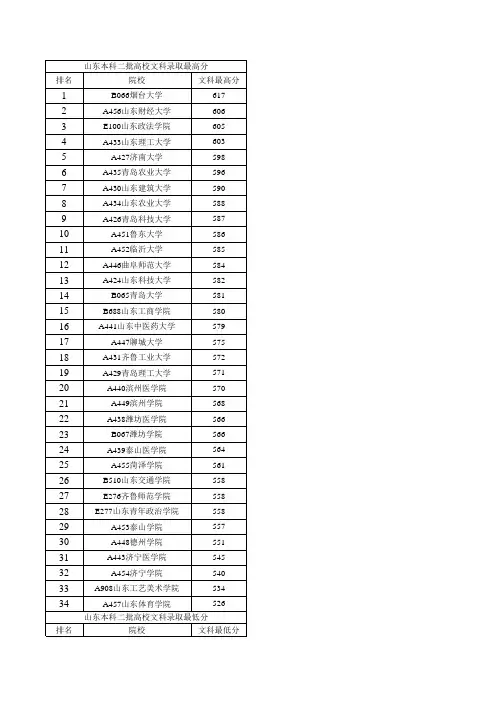2013年山东各高校录取分数线