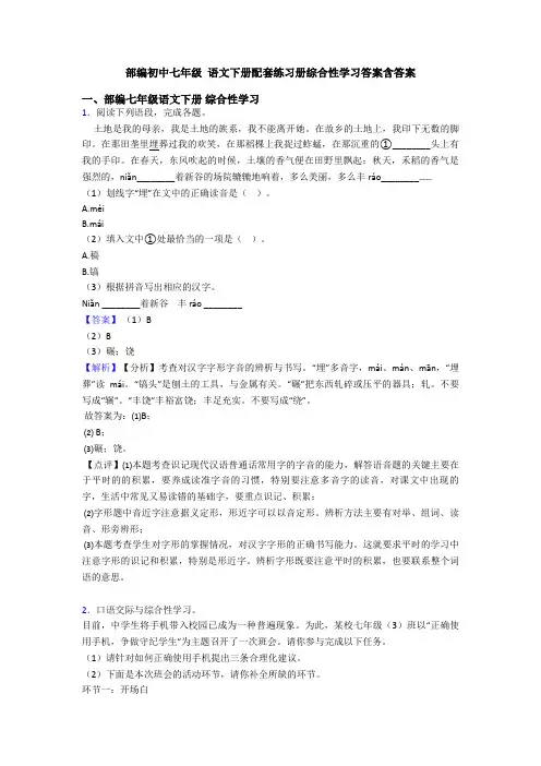 部编初中七年级 语文下册配套练习册综合性学习答案含答案