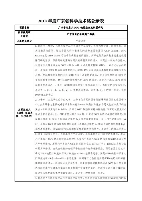 2018年度广东省科学技术奖公示表