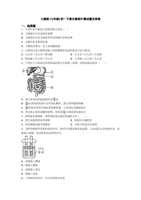 人教版(七年级)初一下册生物期中测试题及答案