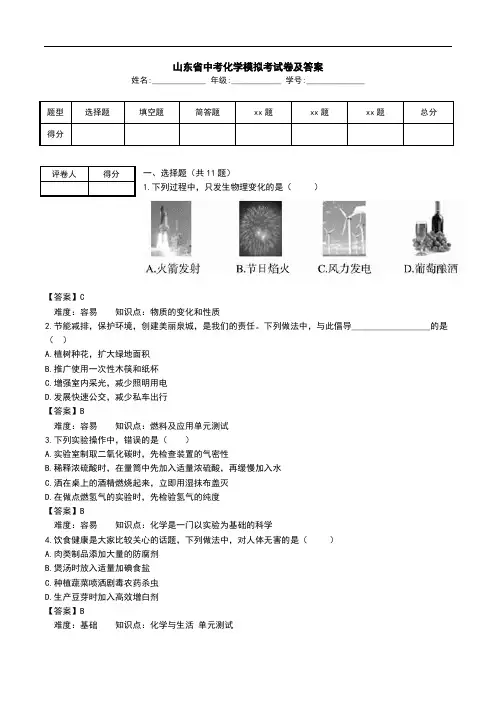 山东省中考化学模拟考试卷及答案.doc